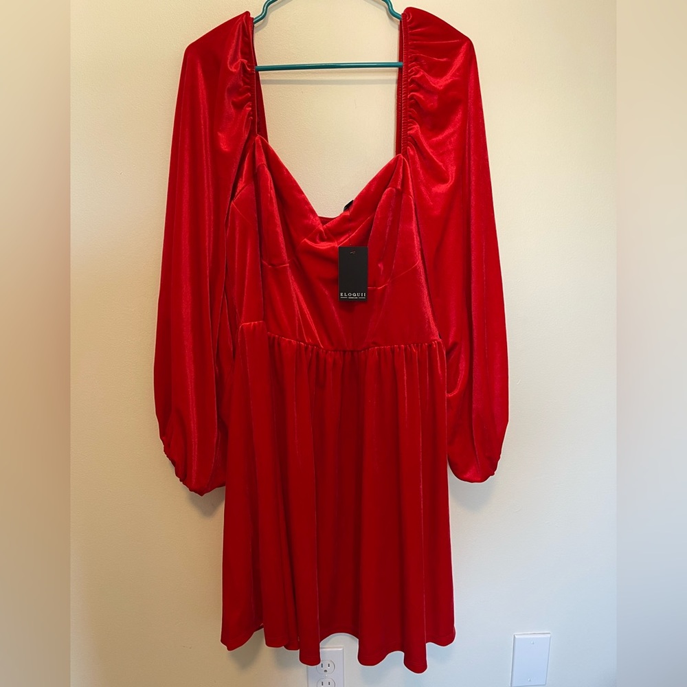 Eloquii Red velveteen balloon sleeved dress
